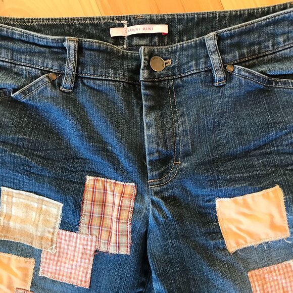 Boho Patchwork Cutoffs, M: Upcycled Denim Cut-Off Shorts, Orange Brown Plaid - Picture 4 of 9